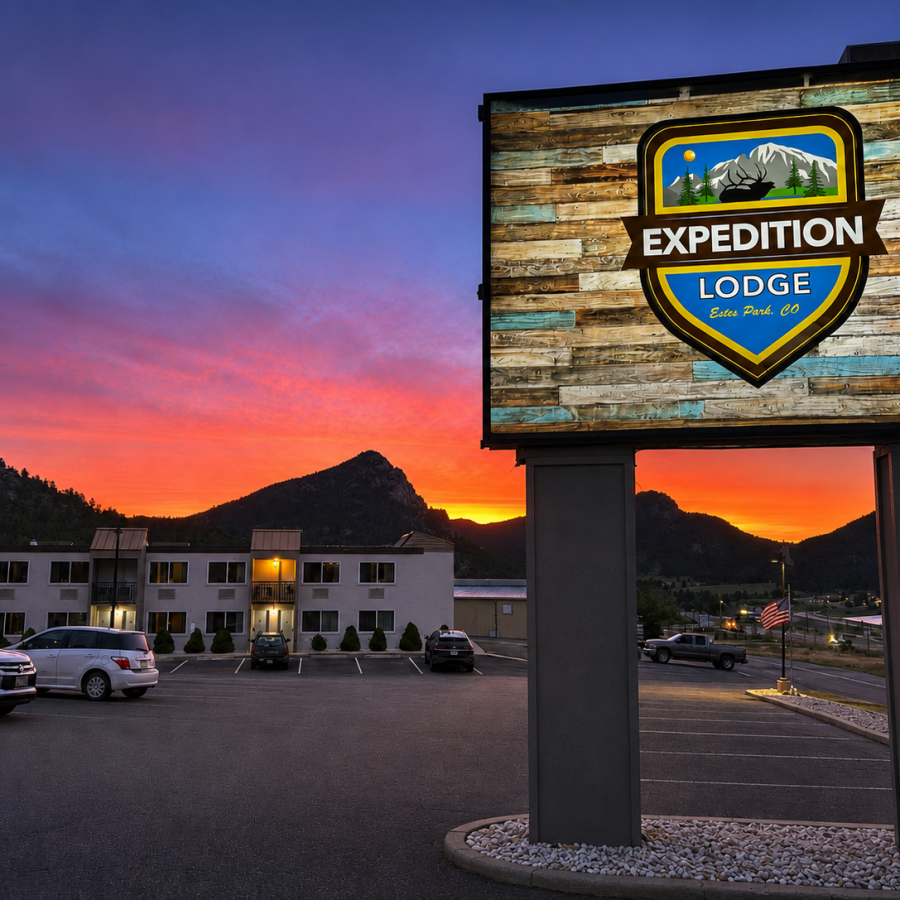 Exterior signage at dusk